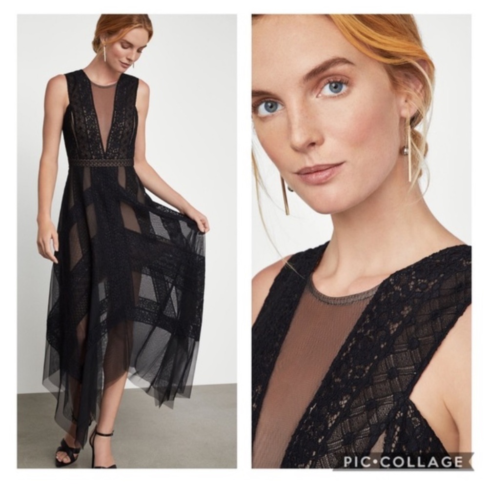 BCBG MAXAZRIA Andi Asymmetric Lace & Tulle Maxi Dress Black and nude sexy prom - Picture 7 of 13
